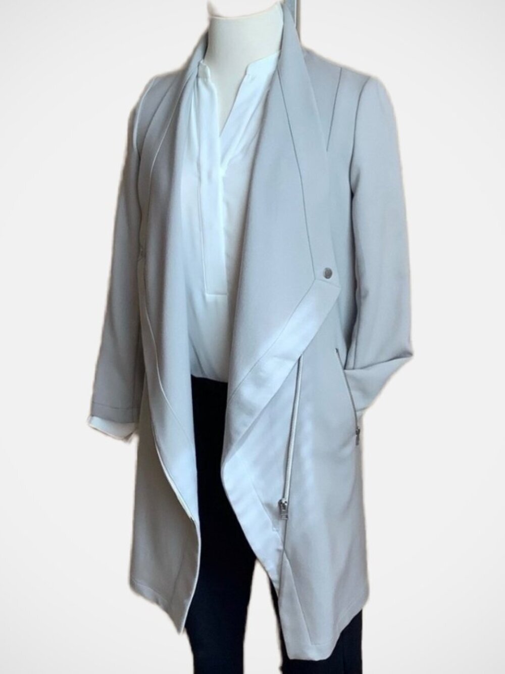SOIA & KYO Gray Asymmetric Cinch Waist Duster Jacket Trench Coat XXS Grey